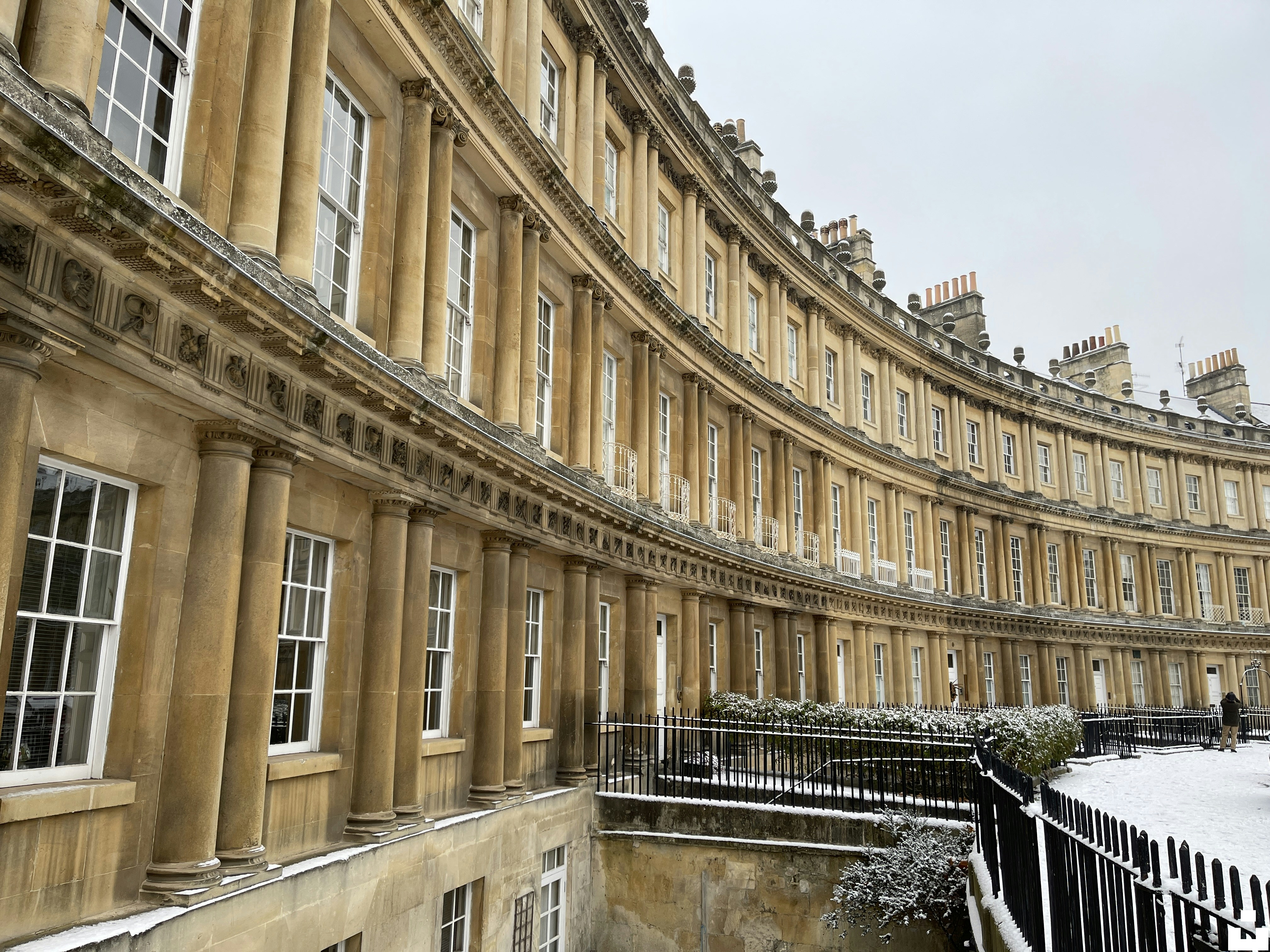 Snow-dusted Georgian terraces in Bath, UK